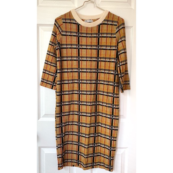 Zara · Nwot Golden Yellow Plaid Midi Sweater Dress - Picture 5 of 7